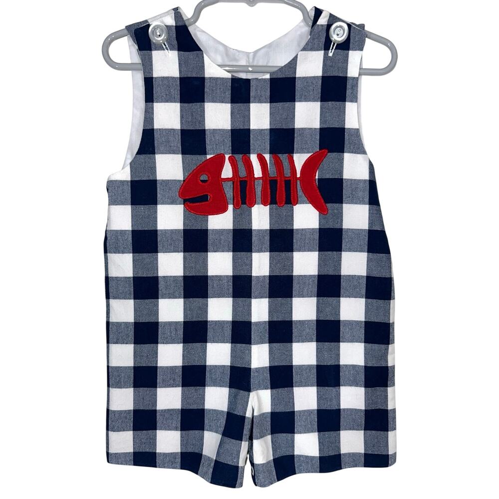 Kelly's Kids Boys Blue White Gingham Fish Bone Cotton Shortall Romper Size 18M